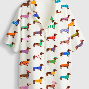 Womenâ€™s Dachshund Cute Dog Short Sleeve Linen Blend Hawaiian Shirt