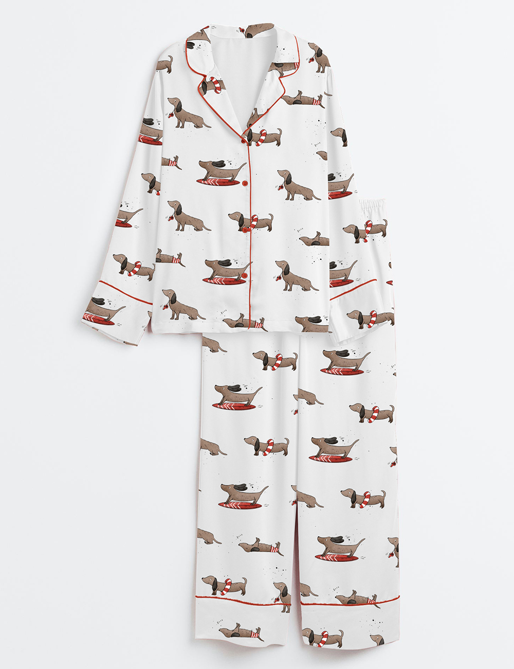 Women's Dachshund Cute Dog Summer Print Long Sleeve Satin Pajamas Set