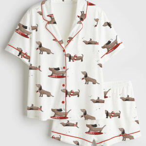 Women's Dachshund Cute Dog Summer Print Short Sleeve Satin Pajama Set