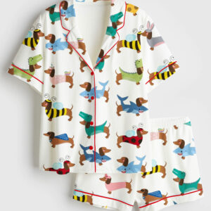 Womenâ€™s Dachshund Dogs Wear Various Skins Short Sleeve Satin Pajama Set