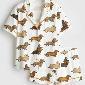 Women's Dachshund Halloween Weenie Dog Spooky Doxie Lover Short Sleeve Satin Pajama Set