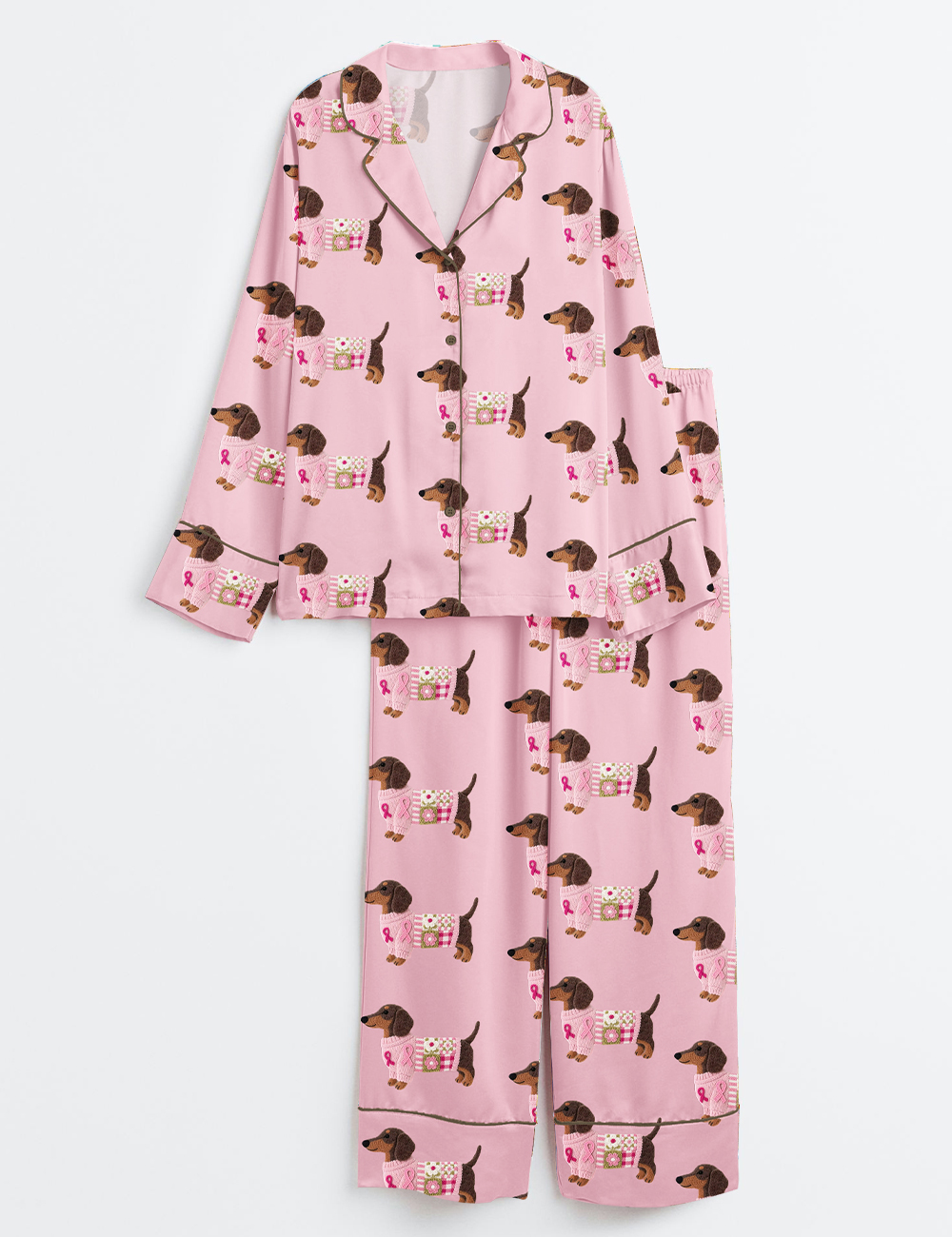 Womenâ€™s Dachshund In Pink Clothes Breast Cancer Awareness Long Sleeve Satin Pajama Set
