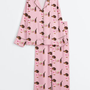 Women's Dachshund In Pink Clothes Breast Cancer Awareness Long Sleeve Satin Pajama Set