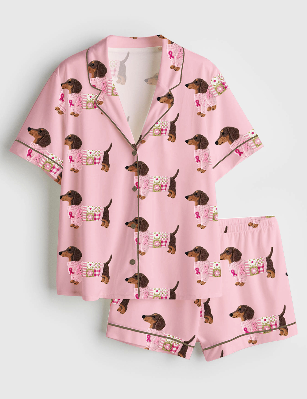 Womenâ€™s Dachshund In Pink Clothes Breast Cancer Awareness Short Sleeve Satin Pajama Set