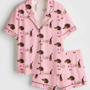 Women's Dachshund In Pink Clothes Breast Cancer Awareness Short Sleeve Satin Pajama Set