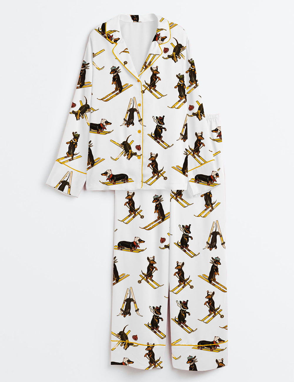 Women's Dachshund Sleigh Skiing Long Sleeve Satin Pajamas Set