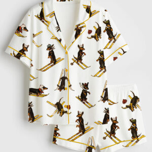 Women's Dachshund Sleigh Skiing Short Sleeve Satin Pajama Set
