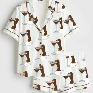 Womenâ€™s Dachshund Teeni Weeni Espresso Martini Short Sleeve Satin Pajama Set