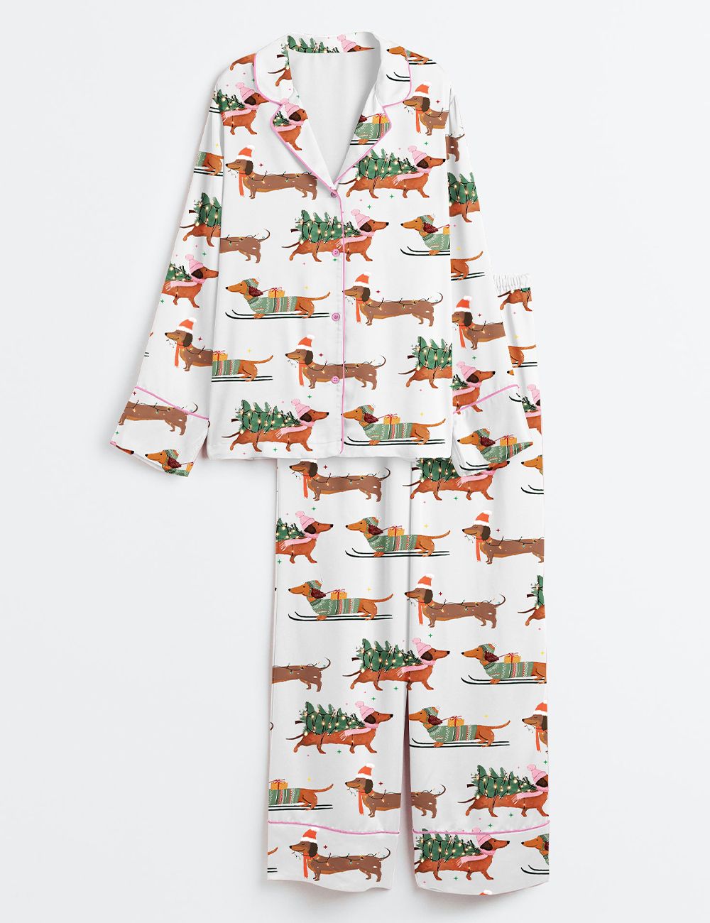 Women's Dachshund Through The Snow Merry Christmas Dog Lover Long Sleeve Silky Satin Pajamas Set