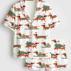 Women's Dachshund Through The Snow Merry Christmas Dog Lover Short Sleeve Silky Satin Pajama Set