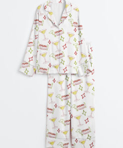 Women's Dachshund Weenies And Tinis Bachelorette Or Birthday Hot Dogs And Martinis Print Long Sleeve Satin Pajama Set
