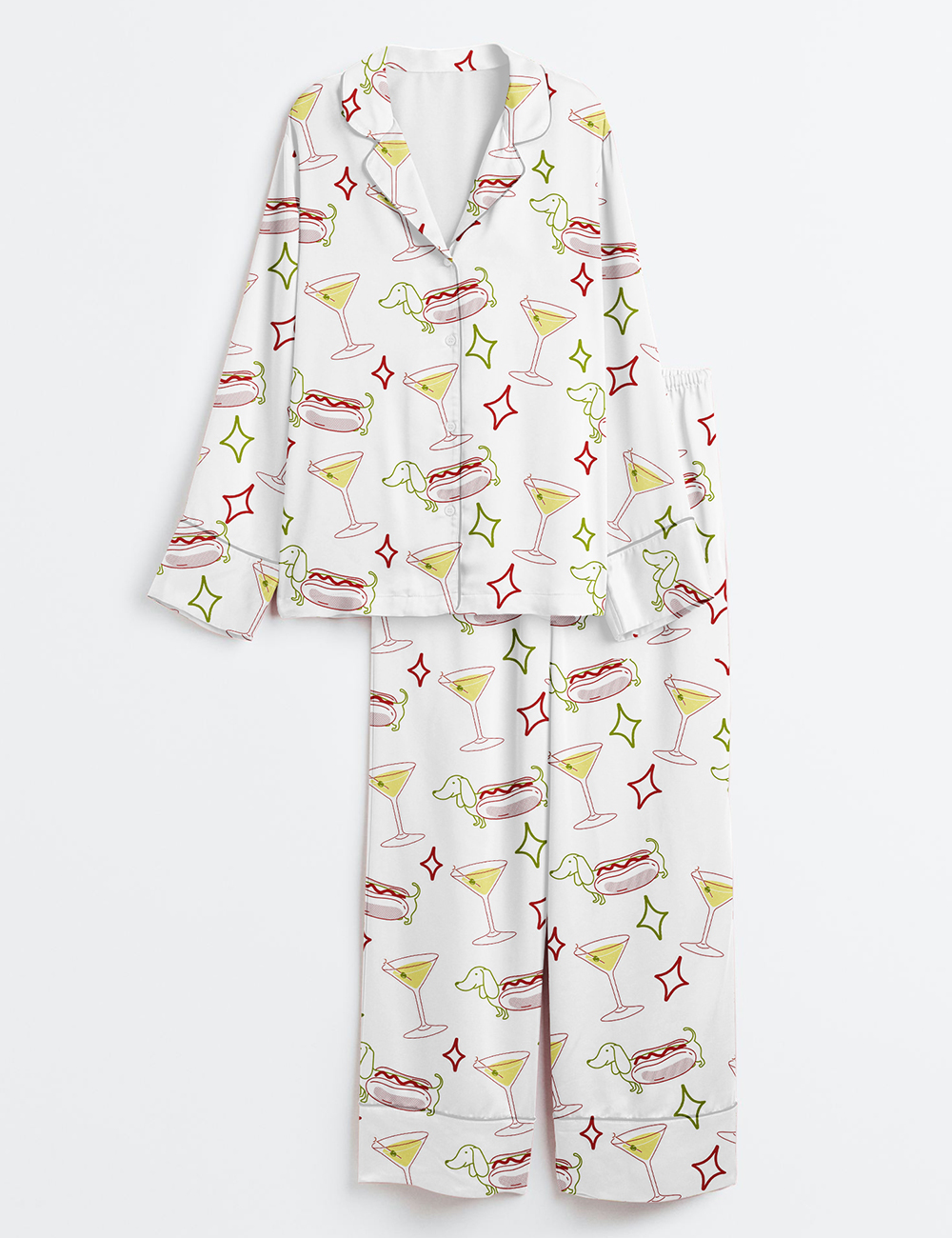 Womenâ€™s Dachshund Weenies And Tinis Bachelorette Or Birthday Hot Dogs And Martinis Print Long Sleeve Satin Pajama Set