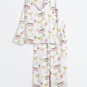 Women's Dachshund Weenies And Tinis Bachelorette Or Birthday Hot Dogs And Martinis Print Long Sleeve Satin Pajamas Set