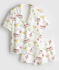 Women's Dachshund Weenies And Tinis Bachelorette Or Birthday Hot Dogs And Martinis Print Short Sleeve Satin Pajama Set
