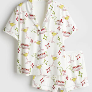Womenâ€™s Dachshund Weenies And Tinis Bachelorette Or Birthday Hot Dogs And Martinis Print Short Sleeve Satin Pajama Set