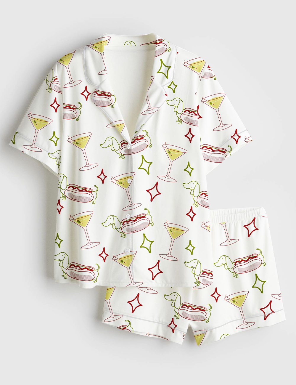 Womenâ€™s Dachshund Weenies And Tinis Bachelorette Or Birthday Hot Dogs And Martinis Print Short Sleeve Satin Pajama Set