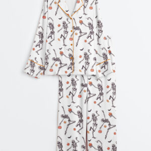 Womenâ€™s Dancing Skeleton Halloween Pumpkin Long Sleeve Satin Pajama Set