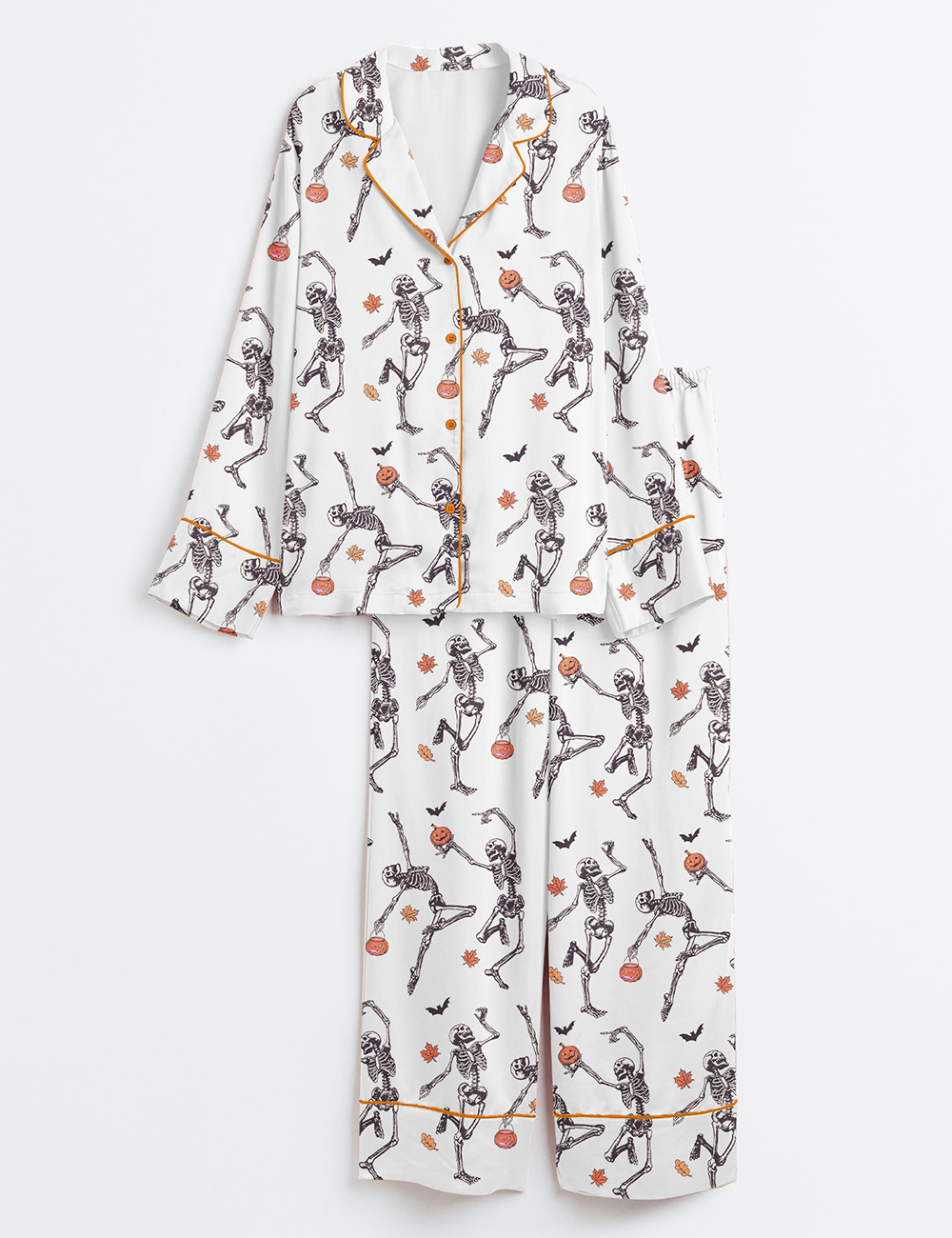 Womenâ€™s Dancing Skeleton Halloween Pumpkin Long Sleeve Satin Pajama Set