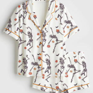 Womenâ€™s Dancing Skeleton Halloween Pumpkin Short Sleeve Satin Pajama Set
