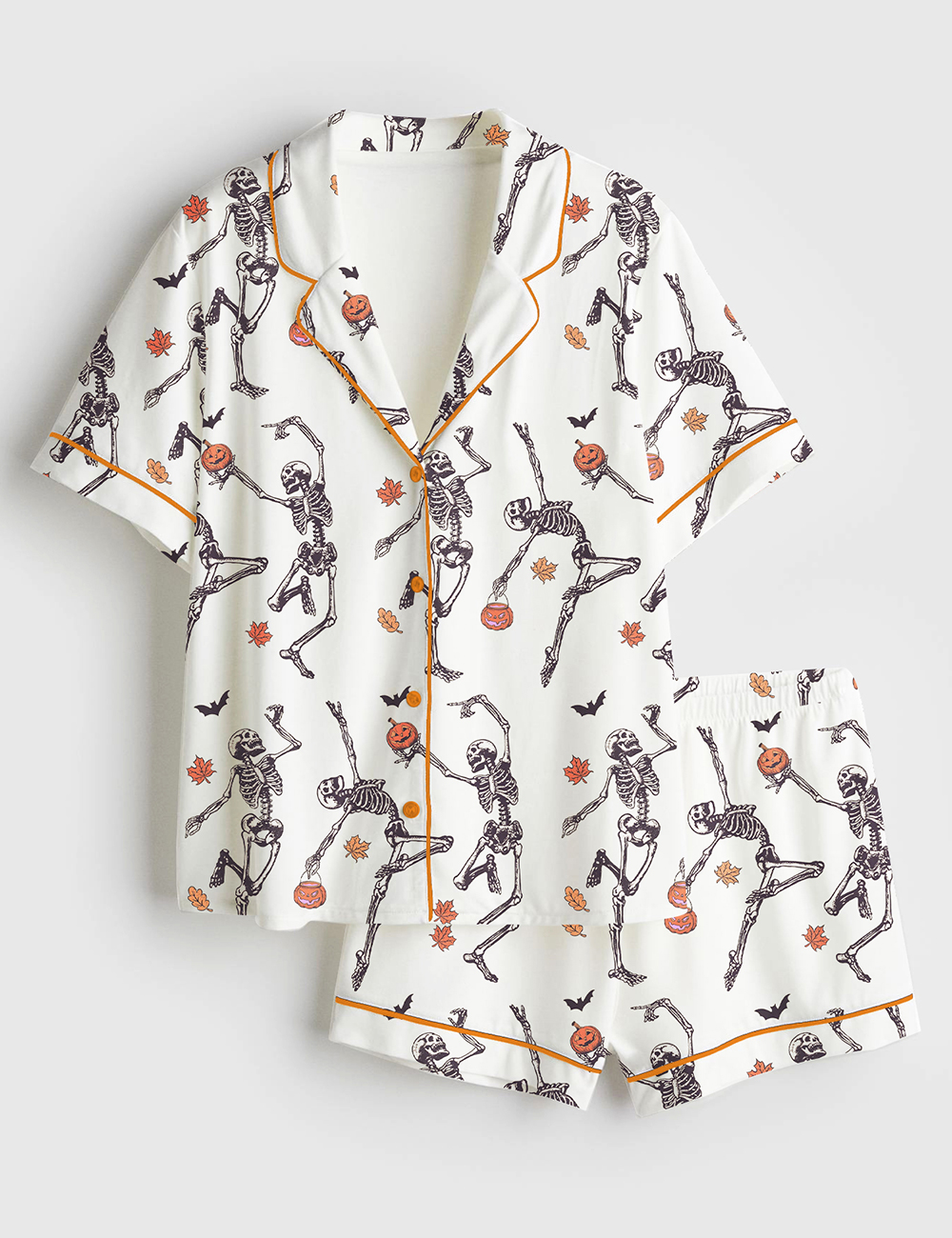 Womenâ€™s Dancing Skeleton Halloween Pumpkin Short Sleeve Satin Pajama Set