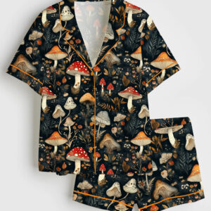 Womenâ€™s Dark Fungi Forest Mushroom Short Sleeve Satin Pajama Set