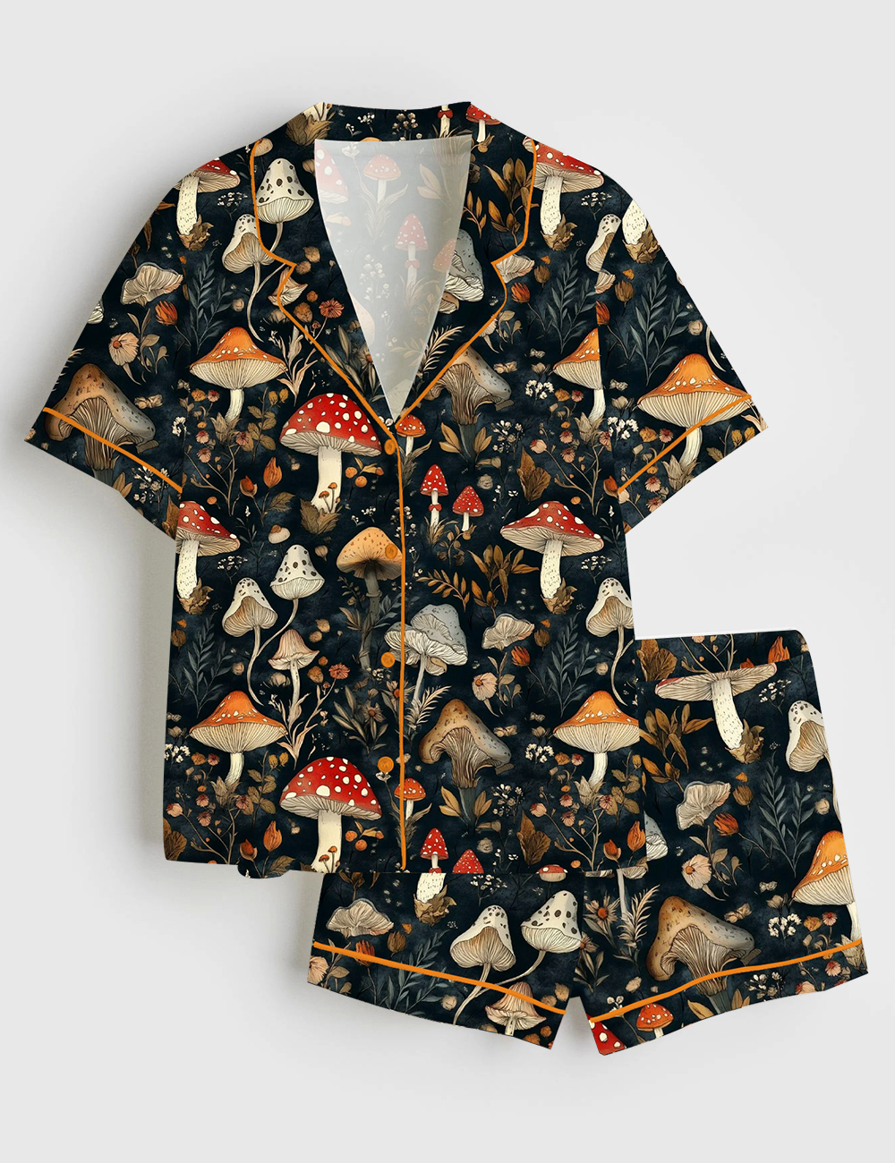 Women's Dark Fungi Forest Mushroom Short Sleeve Satin Pajama Set