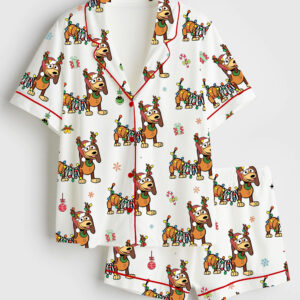 Womenâ€™s Dashing Through The Snow Slink Dog Christmas Dachshund Dog Lovers Short Sleeve Satin Pajama Set