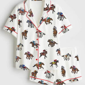 Womenâ€™s Derby Horse Racing Kentucky Derby 2025 Equestrian Jockey Print Short Sleeve Satin Pajama Set