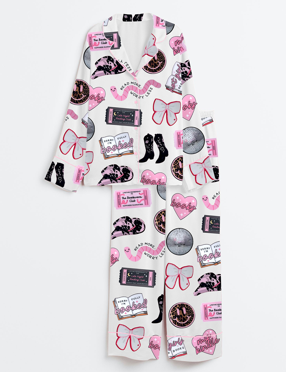 Women's Disco Ball Cherries Smiley Bookworm Long Sleeve Satin Pajamas Set