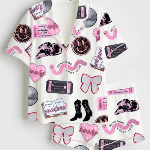 Women's Disco Ball Cherries Smiley Bookworm Short Sleeve Satin Pajama Set