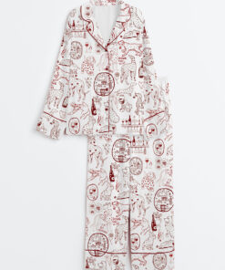 Women's Dog And Wine Long Sleeve Satin Pajama Set