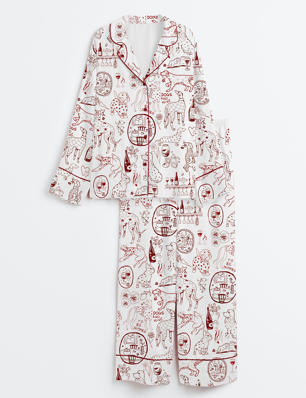 Womenâ€™s Dog And Wine Long Sleeve Satin Pajama Set