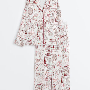 Women's Dog And Wine Long Sleeve Satin Pajama Set