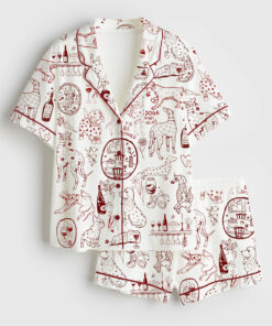 Women's Dog And Wine Short Sleeve Satin Pajama Set