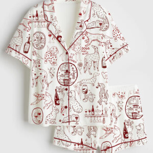 Womenâ€™s Dog And Wine Short Sleeve Satin Pajama Set