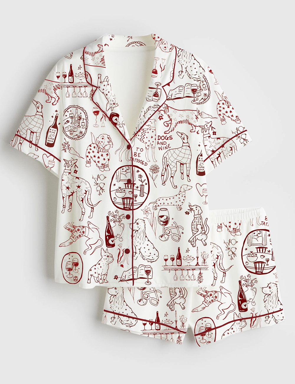 Womenâ€™s Dog And Wine Short Sleeve Satin Pajama Set