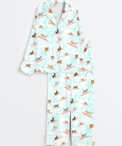 Women's Dogs Surfing Summer Print Long Sleeve Satin Pajama Set