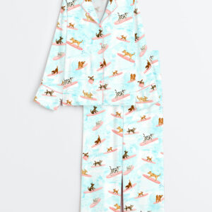 Womenâ€™s Dogs Surfing Summer Print Long Sleeve Satin Pajama Set