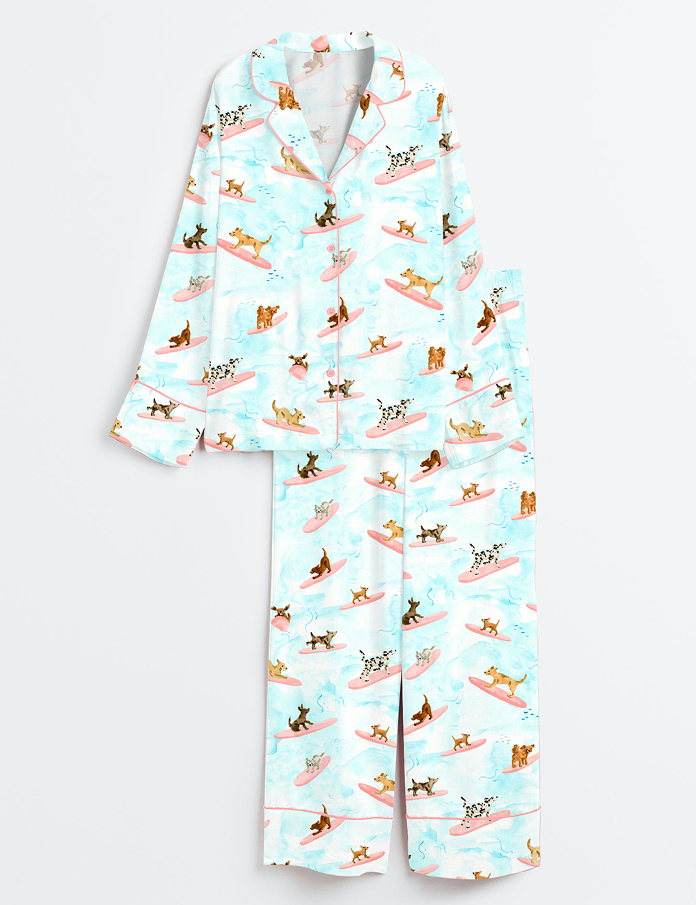 Womenâ€™s Dogs Surfing Summer Print Long Sleeve Satin Pajama Set