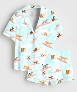 Women's Dogs Surfing Summer Print Short Sleeve Satin Pajama Set
