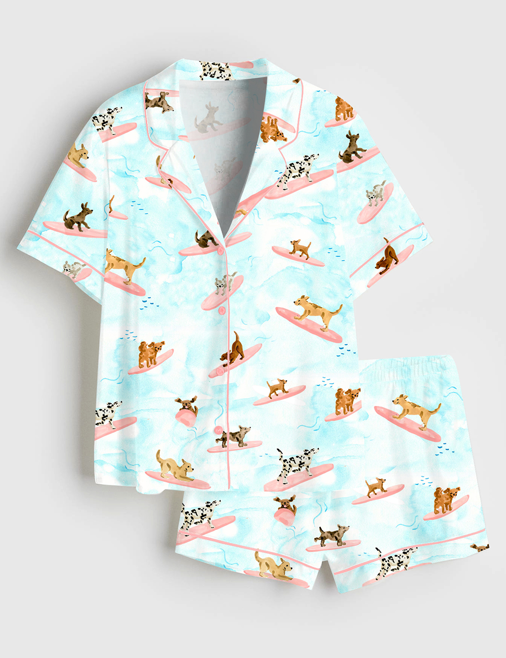 Womenâ€™s Dogs Surfing Summer Print Short Sleeve Satin Pajama Set