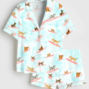 Women's Dogs Surfing Summer Print Short Sleeve Satin Pajama Set