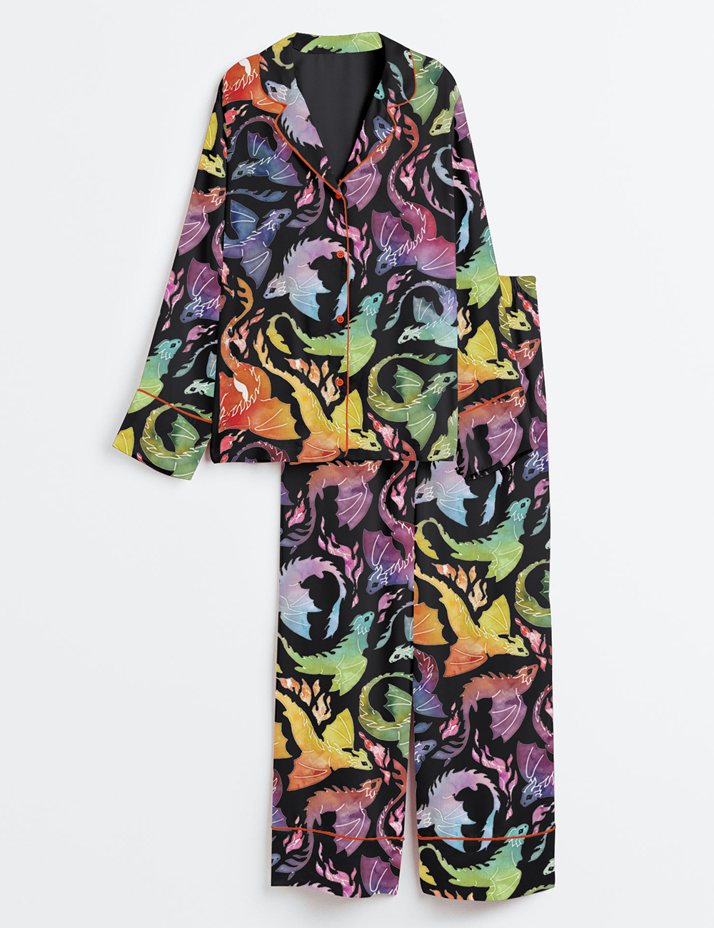 Womenâ€™s Dragon Fire Rainbow Black Long Sleeve Satin Pajama Set