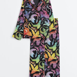 Women's Dragon Fire Rainbow Black Long Sleeve Satin Pajamas Set