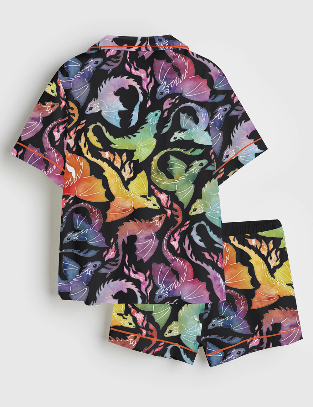 Womenâ€™s Dragon Fire Rainbow Black Short Sleeve Satin Pajama Set