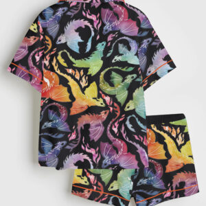 Women's Dragon Fire Rainbow Black Short Sleeve Satin Pajama Set