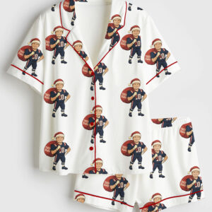 Womenâ€™s Drake Maye New England Christmas Patriots Football Short Sleeve Satin Pajama Set