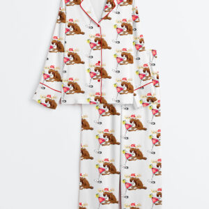 Womenâ€™s Drink Up Bitches Christmas Party Reindeer Wine Christmas Long Sleeve Satin Pajama Set