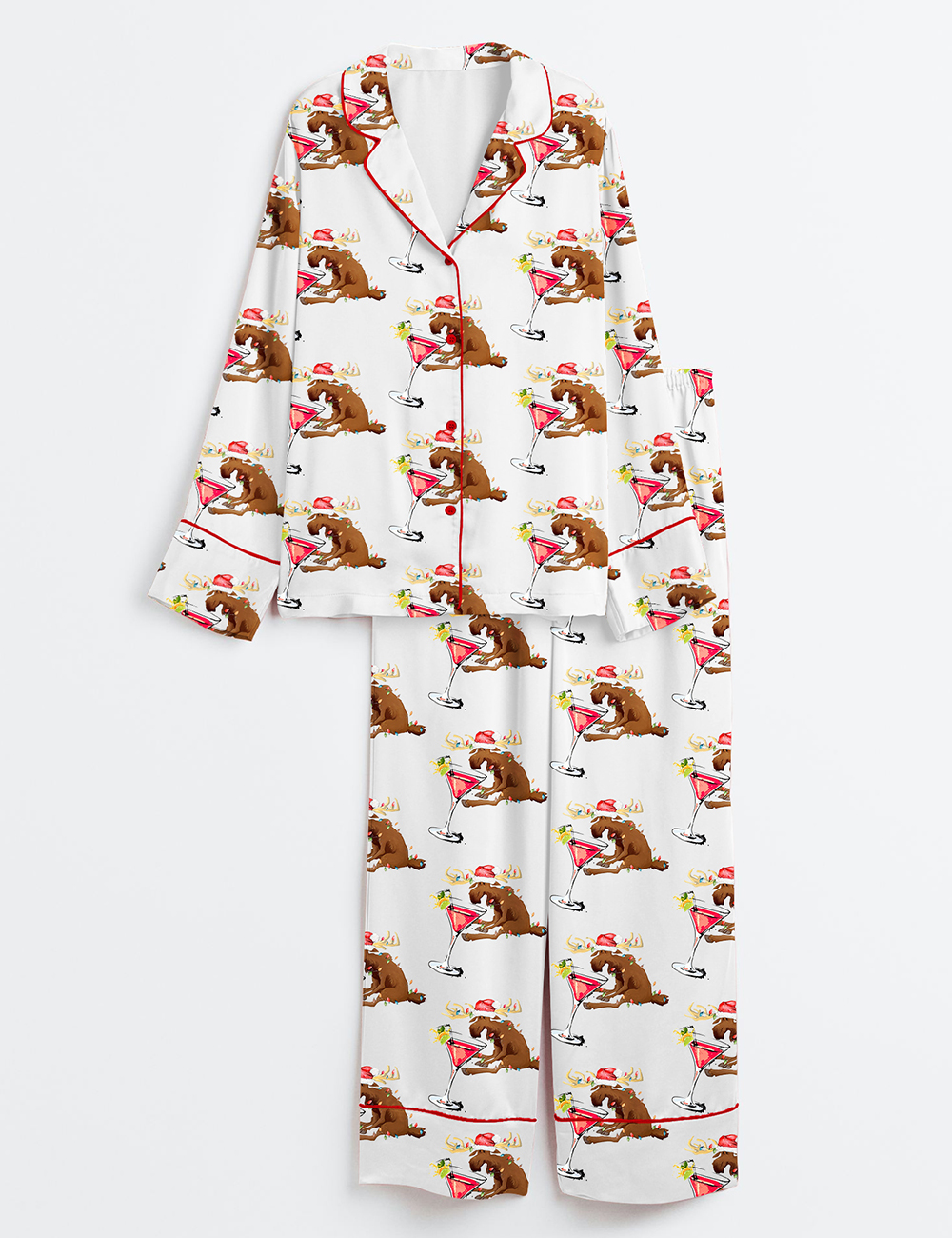 Women's Drink Up Bitches Christmas Party Reindeer Wine Christmas Long Sleeve Satin Pajamas Set