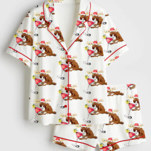 Women's Drink Up Bitches Christmas Party Reindeer Wine Christmas Short Sleeve Satin Pajama Set